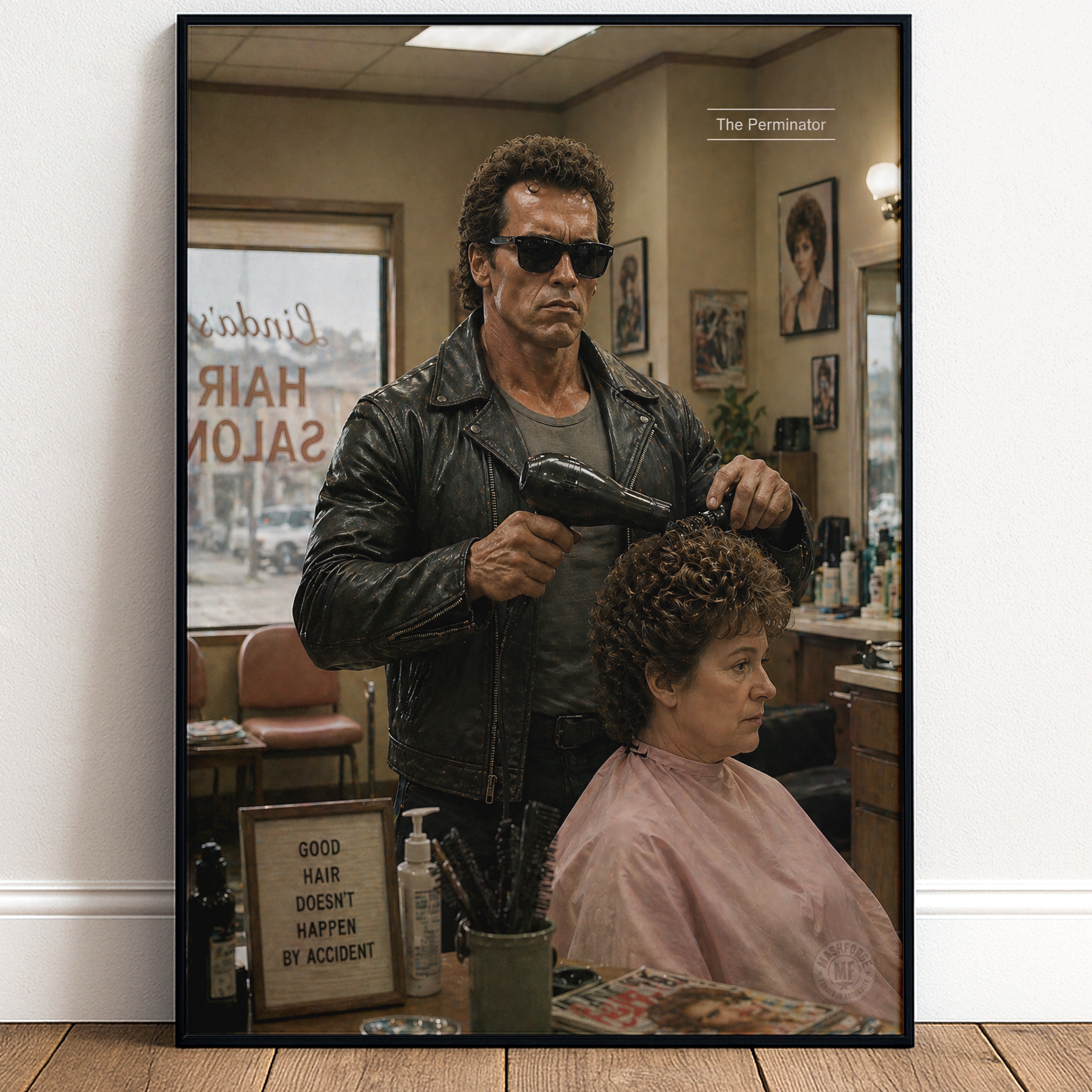Framed poster of a character from 'The Terminator' getting a haircut in a salon.