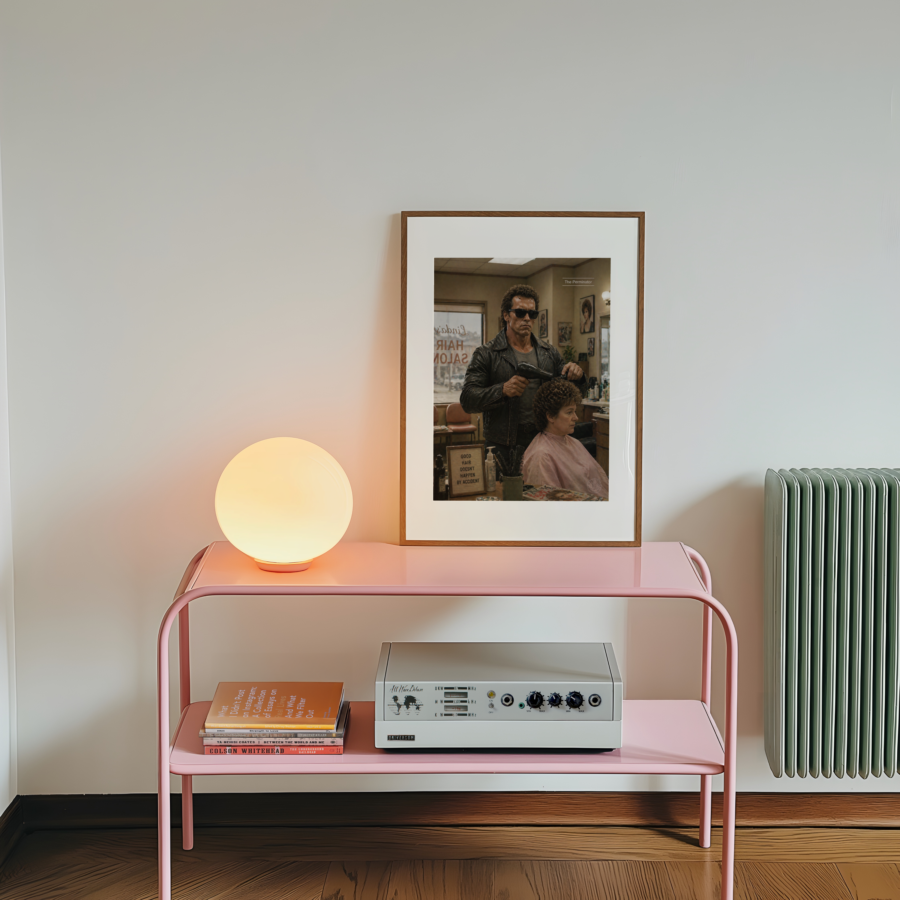 Pink shelf with a lamp, records, and framed picture on a white wall.