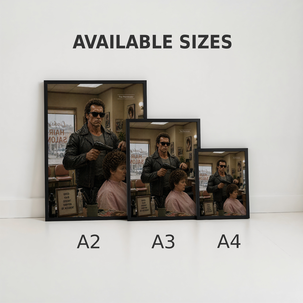 Three framed pictures of a the terminator man styling a woman's hair, with 'Available Sizes' and corresponding labels below.