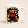 Mug with Star Trek-themed design featuring characters and text on a beige background