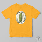 A gold yellow mashforge t-shirt with a funny design saying I've got a tickle in my pickle