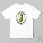 A white mashforge t-shirt with a funny graphic design saying I've got a tickle in my pickle
