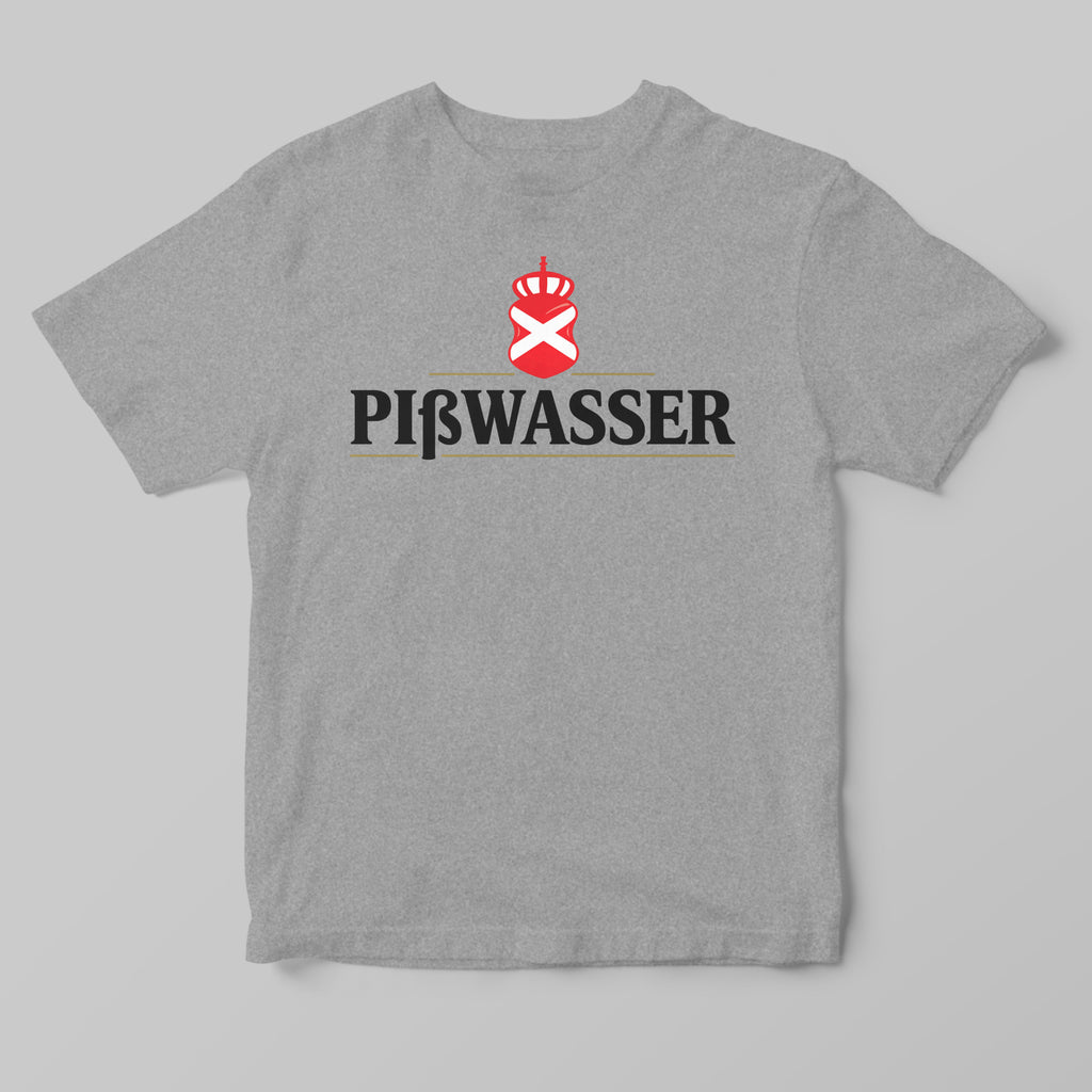 A heather gray short-sleeve t-shirt with a black 'PIBWASSER' text graphic and a red-and-white crown crest on the chest, displayed against a neutral gray background.