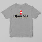 A heather gray short-sleeve t-shirt with a black 'PIBWASSER' text graphic and a red-and-white crown crest on the chest, displayed against a neutral gray background.