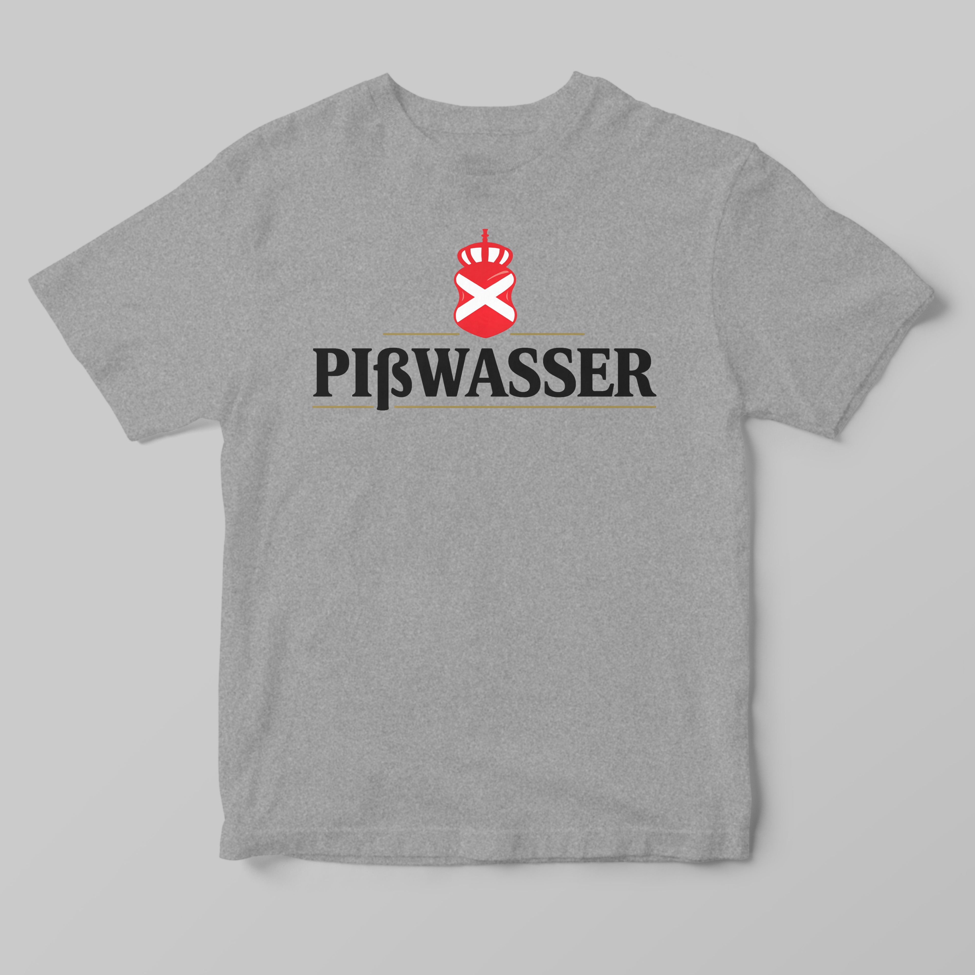 A heather gray short-sleeve t-shirt with a black 'PIBWASSER' text graphic and a red-and-white crown crest on the chest, displayed against a neutral gray background.