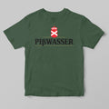 A dark green short-sleeve t-shirt with a 'PIßWASSER' graphic on the chest, featuring a red and white crown-and-cross emblem above black stylized lettering, displayed on a neutral gray background.
