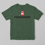 A dark green short-sleeve t-shirt with a 'PIßWASSER' graphic on the chest, featuring a red and white crown-and-cross emblem above black stylized lettering, displayed on a neutral gray background.