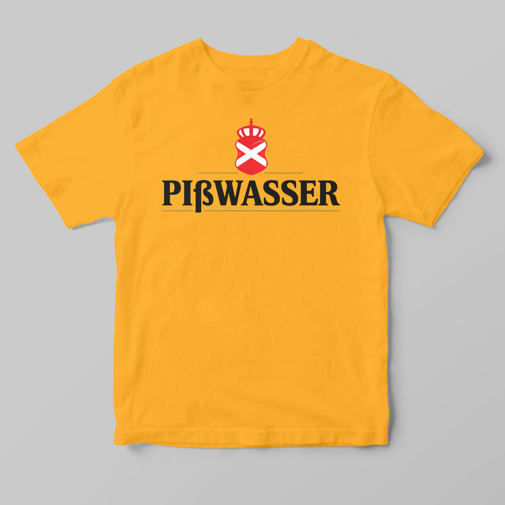 A yellow short-sleeve crewneck t-shirt featuring the 'Pibwasser' logo printed on the chest, displayed flat against a neutral gray background.