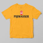 A yellow short-sleeve crewneck t-shirt featuring the 'Pibwasser' logo printed on the chest, displayed flat against a neutral gray background.