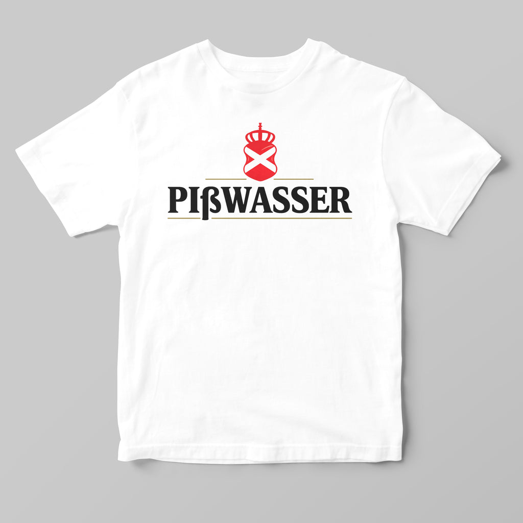 A white short-sleeve crewneck t-shirt featuring a red and black Piÿswasser logo printed on the chest, displayed flat against a neutral gray background.