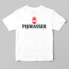 A white short-sleeve crewneck t-shirt featuring a red and black Piÿswasser logo printed on the chest, displayed flat against a neutral gray background.