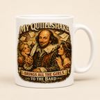 Mug with Shakespeare design and humorous quote on a beige background