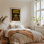 Bedroom with a bed, decorative pillows, and a 'Rainbow Wars' poster on the wall.