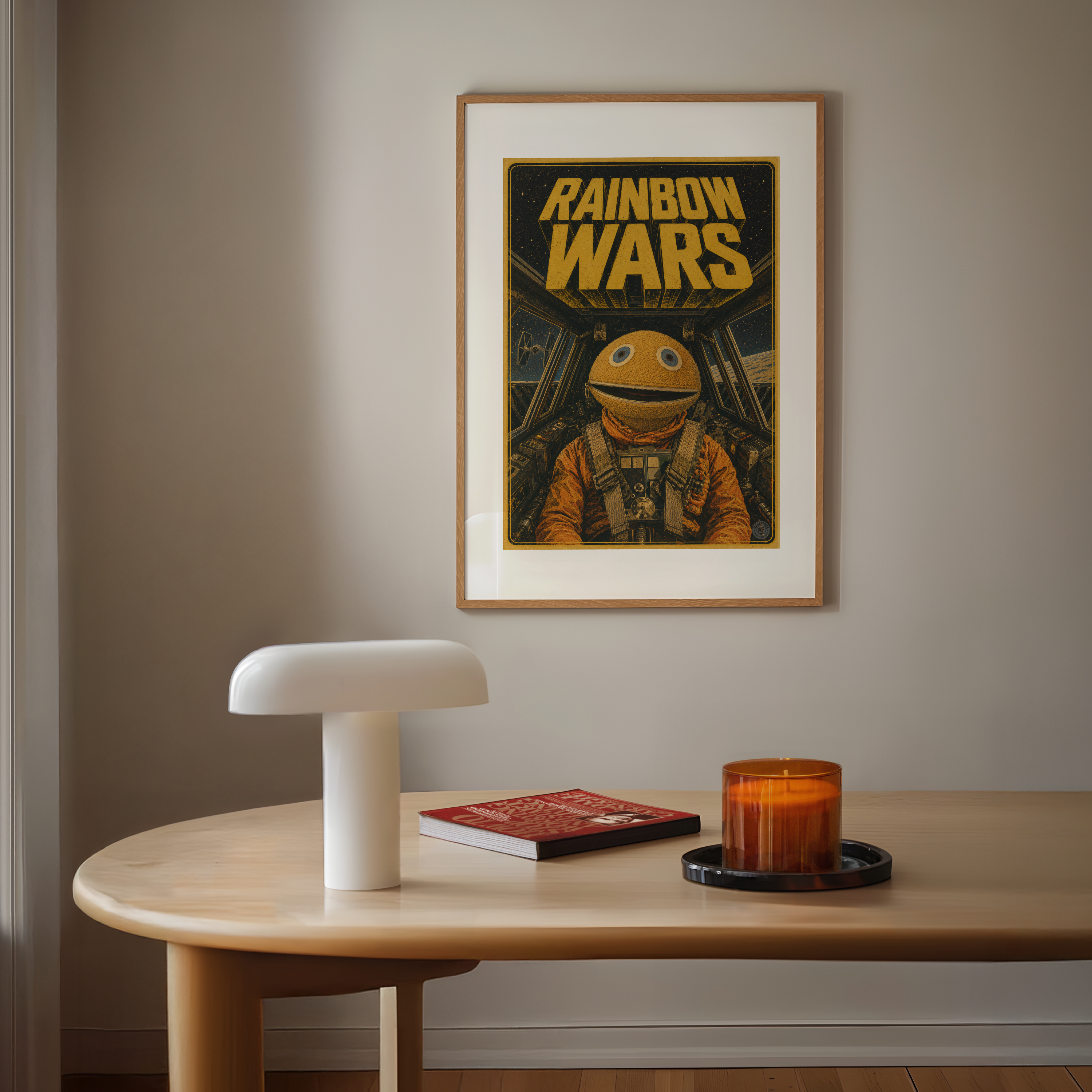 Framed poster titled 'Rainbow Wars' above a wooden table with a lamp, book, and candle.