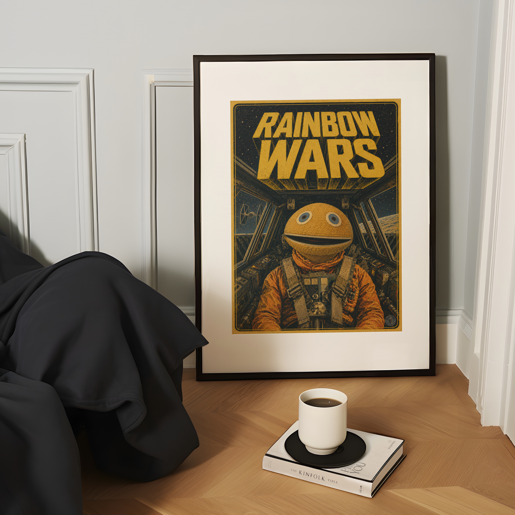 Framed 'Rainbow Wars' poster on a wooden surface with a cup and book.