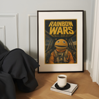 Framed 'Rainbow Wars' poster on a wooden surface with a cup and book.