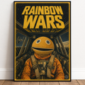 Poster of a character in a space suit with 'Rainbow Wars' text on a wall.