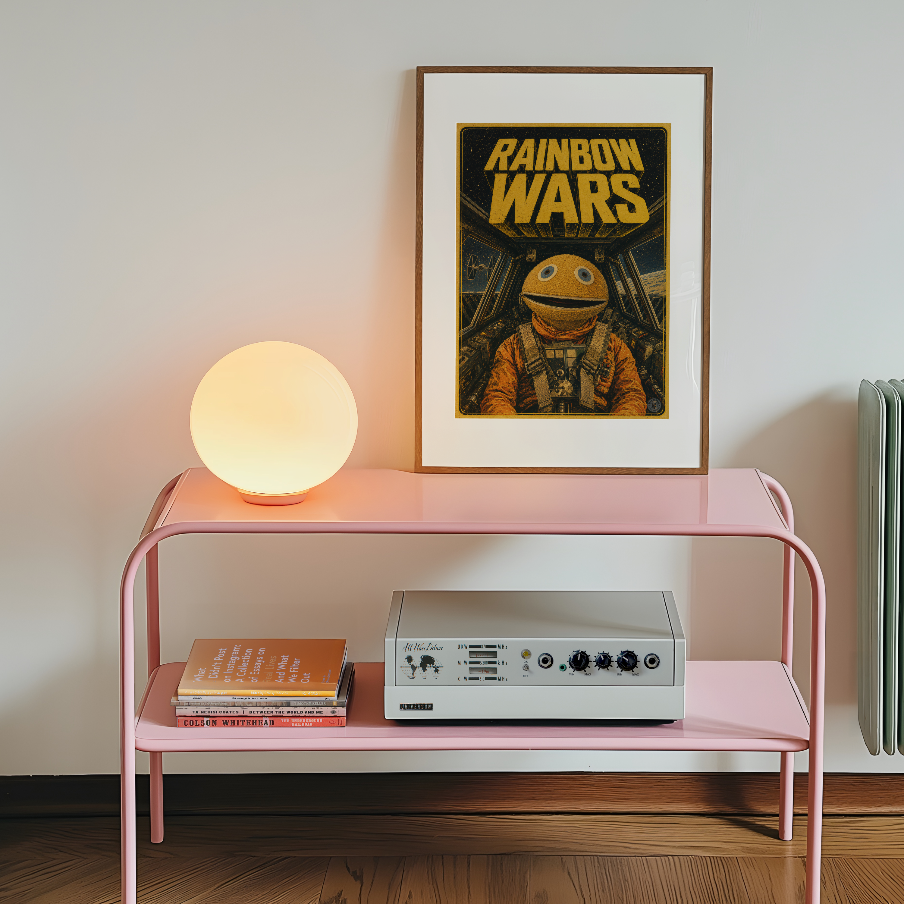 Pink shelf with a lamp, records, and 'Rainbow Wars' poster on a white wall.