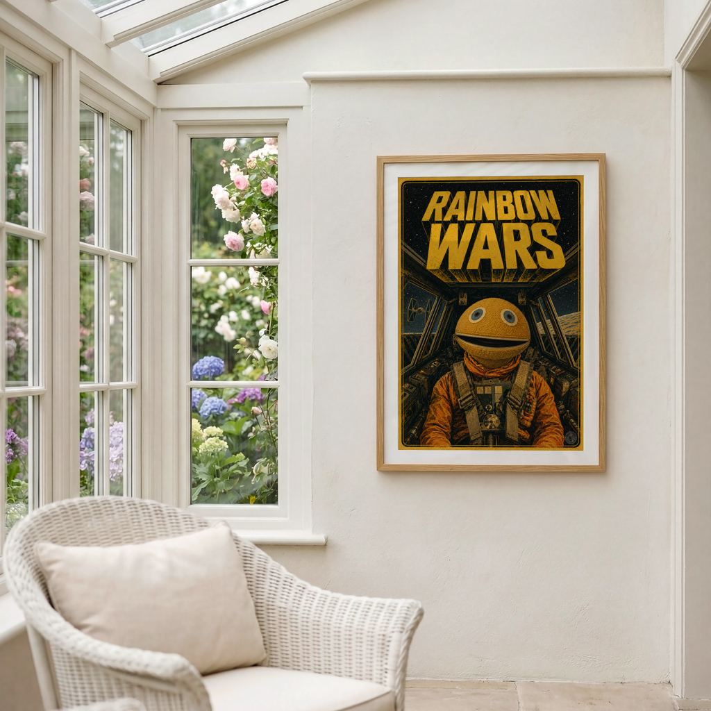 Framed 'Rainbow Wars' poster on a wall with a chair and window in the background