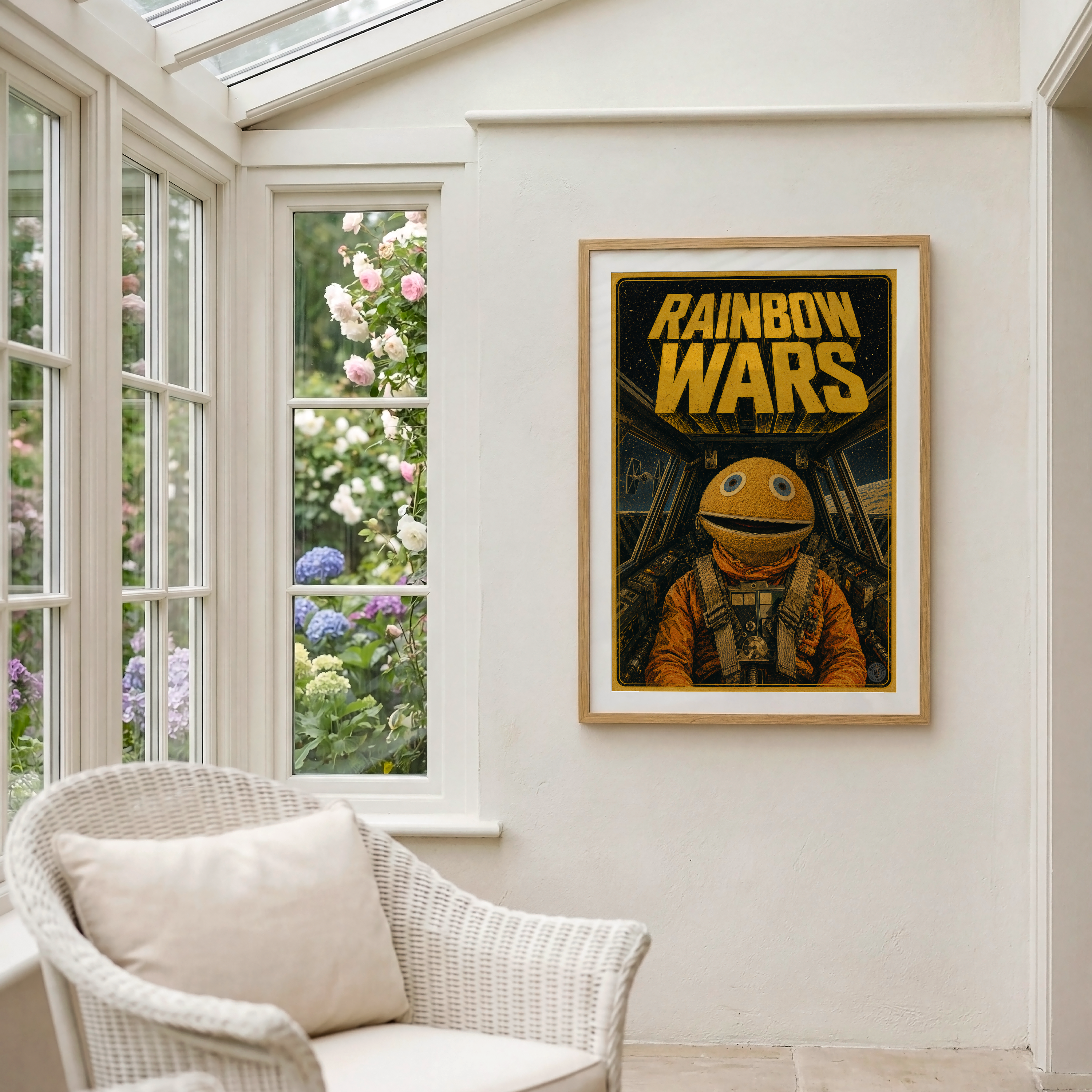 Framed 'Rainbow Wars' poster on a wall with a chair and window in the background