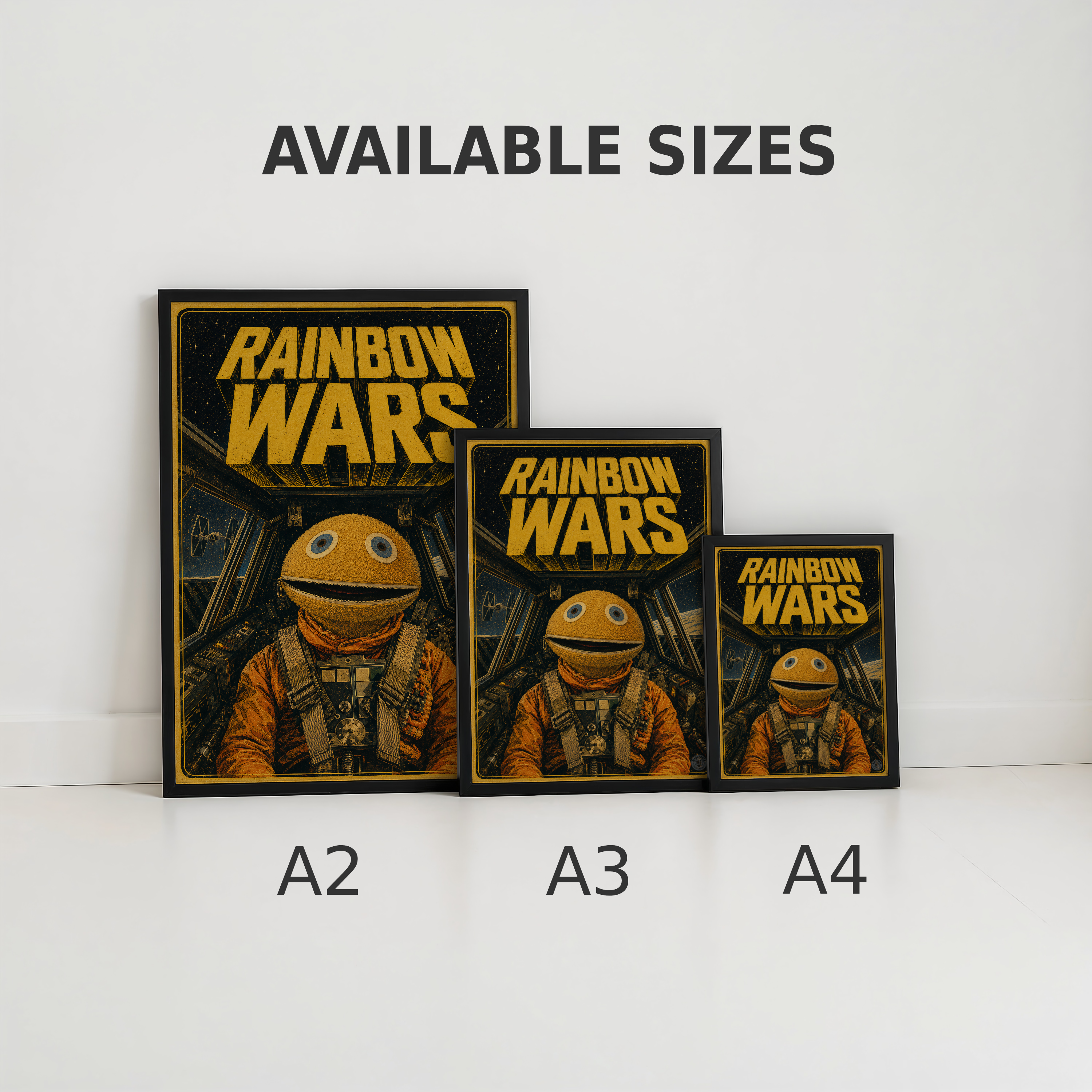Three 'Rainbow Wars' posters of different sizes on a white surface with 'Available Sizes' text above.