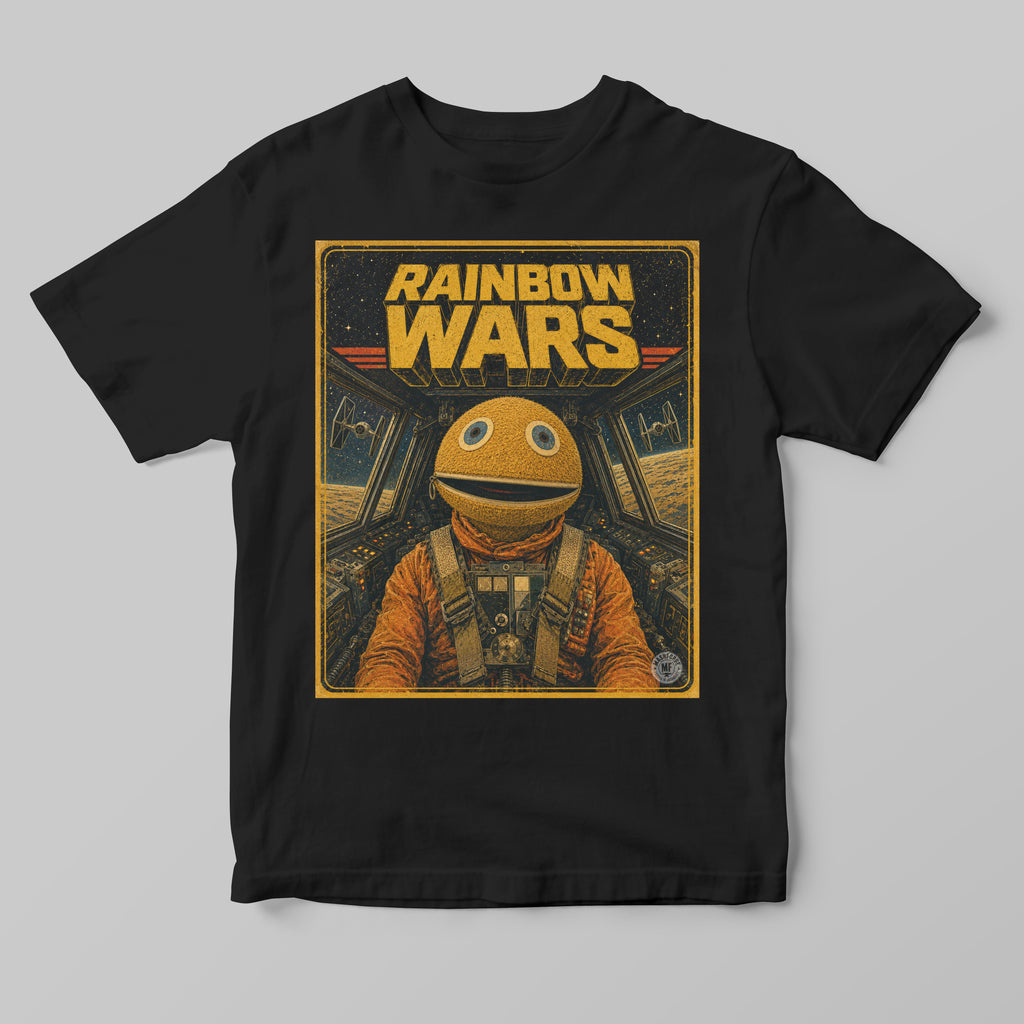 Black t-shirt with 'Rainbow Wars' graphic design featuring a character in an orange suit on a gray starfighter background
