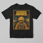 Black t-shirt with 'Rainbow Wars' graphic design featuring a character in an orange suit on a gray starfighter background