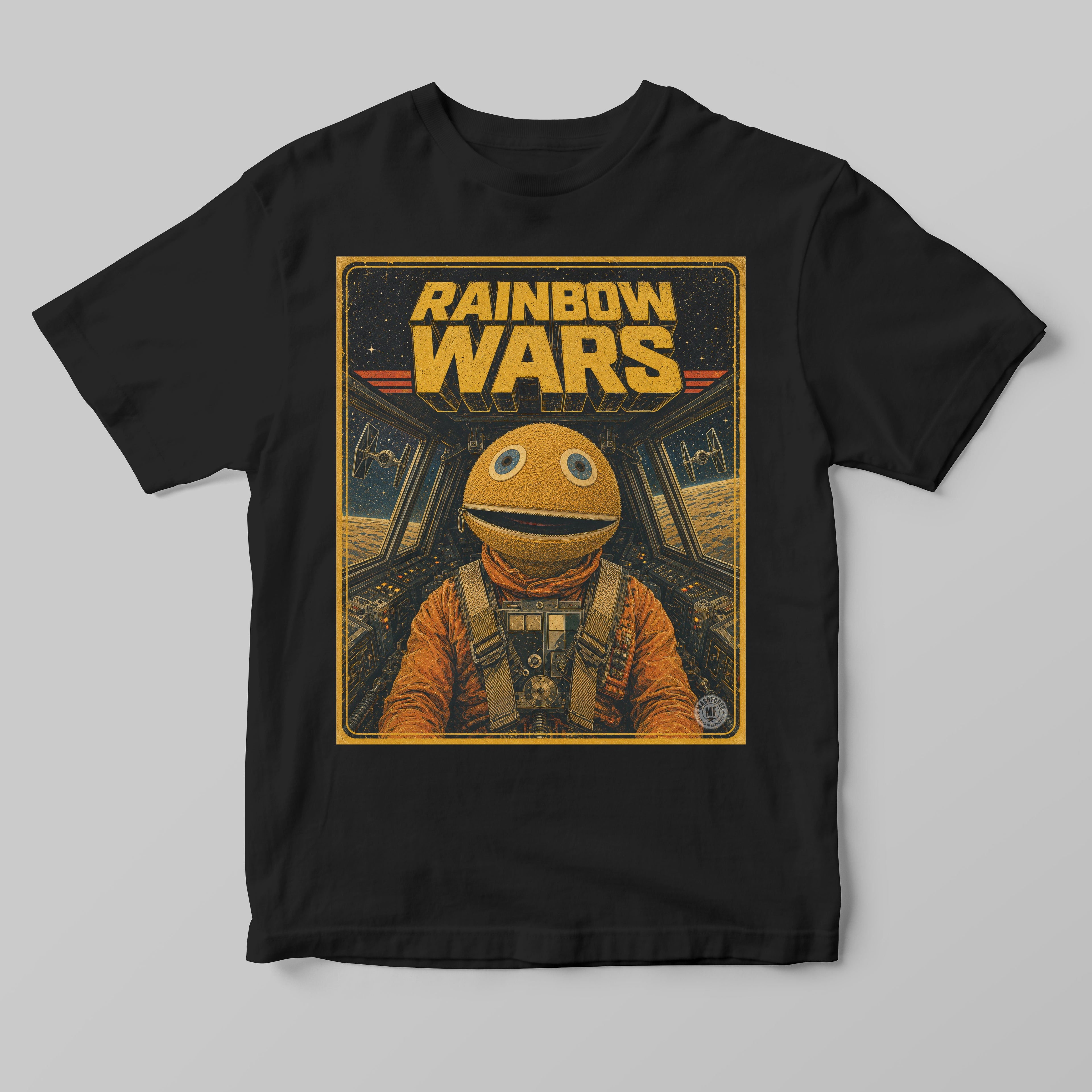 Black t-shirt with 'Rainbow Wars' graphic design featuring a character in an orange suit on a gray starfighter background