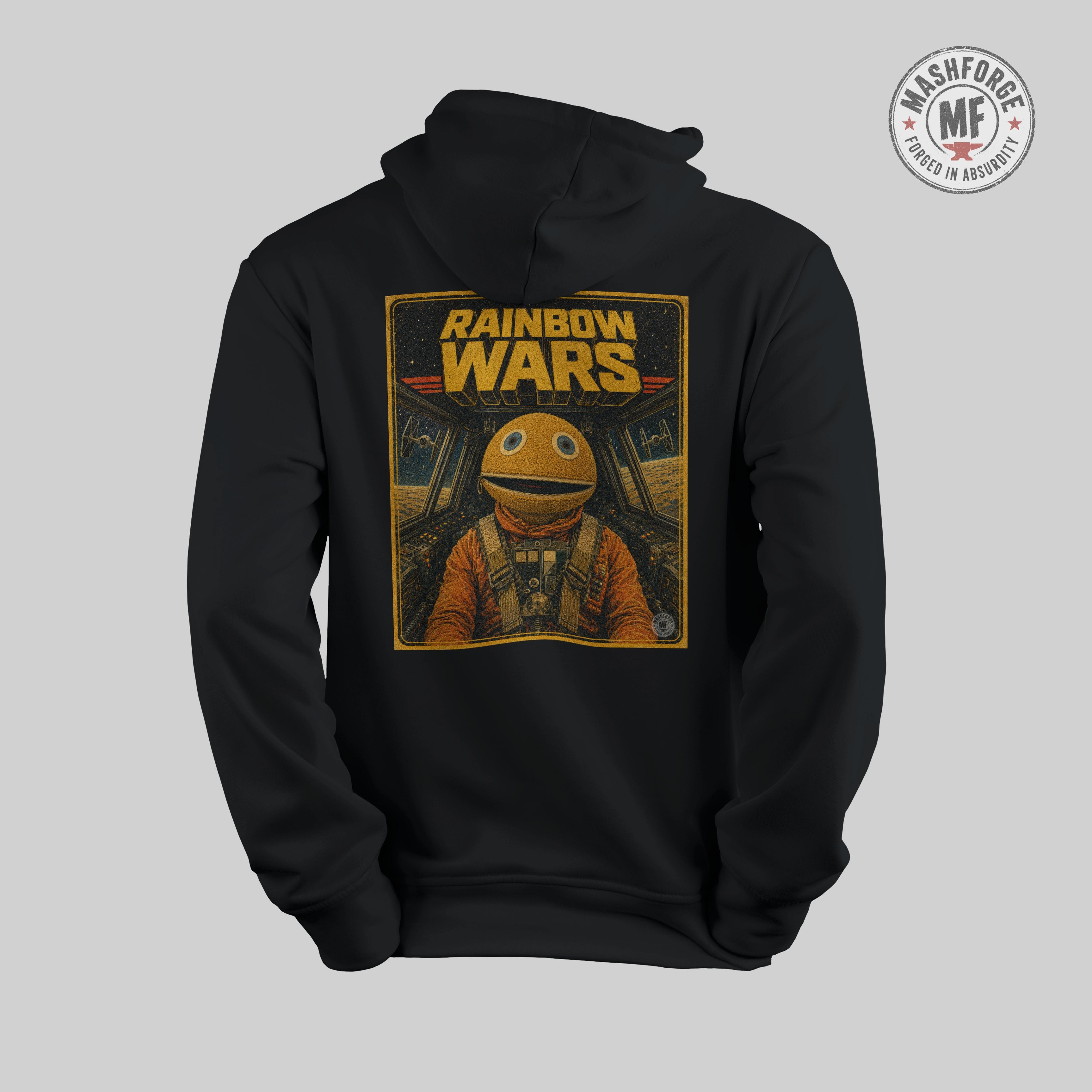 Black hoodie with 'Rainbow Wars' graphic on a gray background