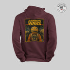 Maroon hoodie with Rainbow Wars graphic on the back against a light gray background