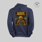 Navy blue hoodie with 'Rainbow Wars' graphic on a gray background