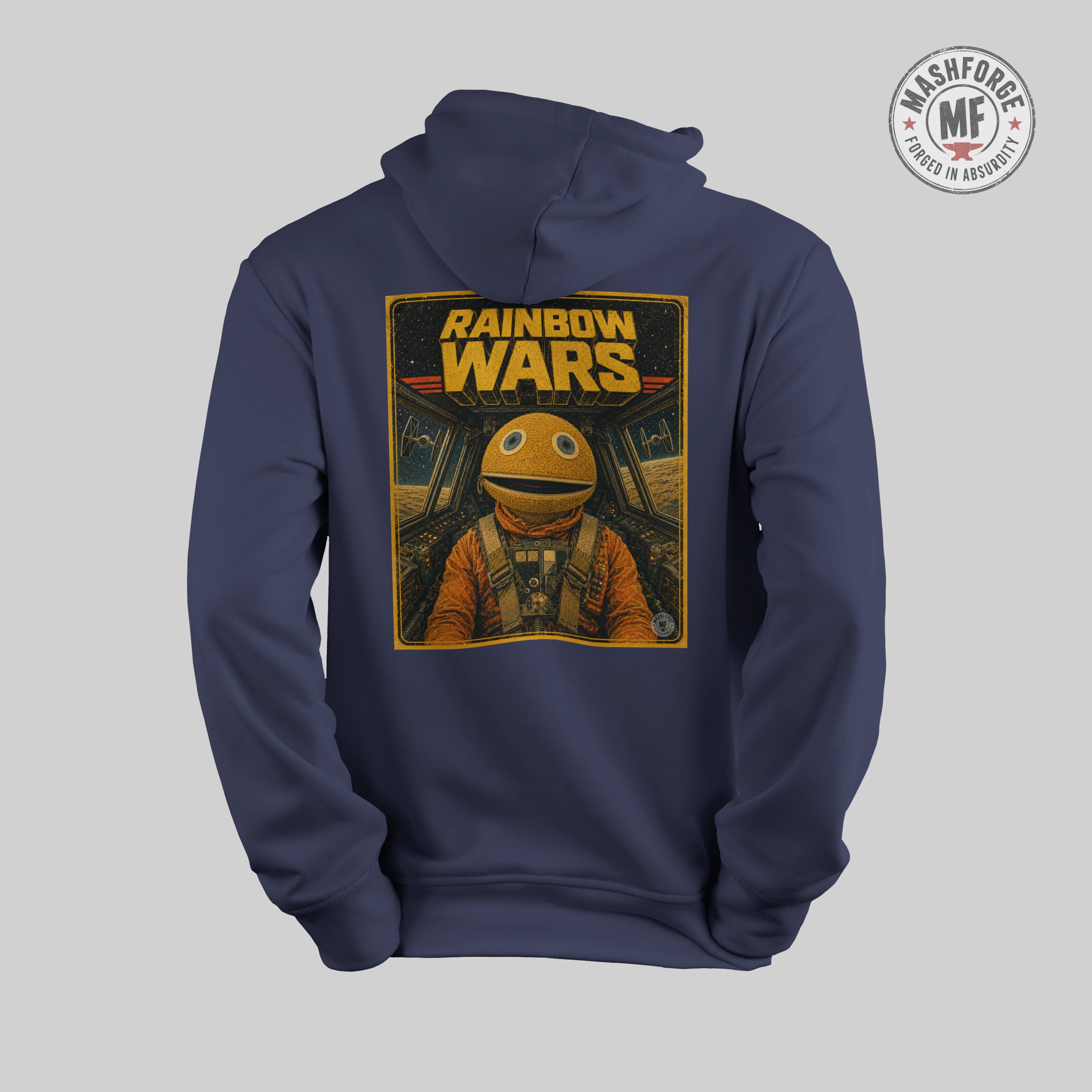 Navy blue hoodie with 'Rainbow Wars' graphic on a gray background