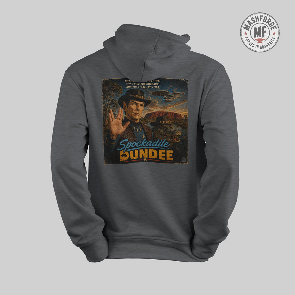 Gray hoodie with a graphic design on the back featuring a spock character and text, on a light gray spockadile dundee hoodie