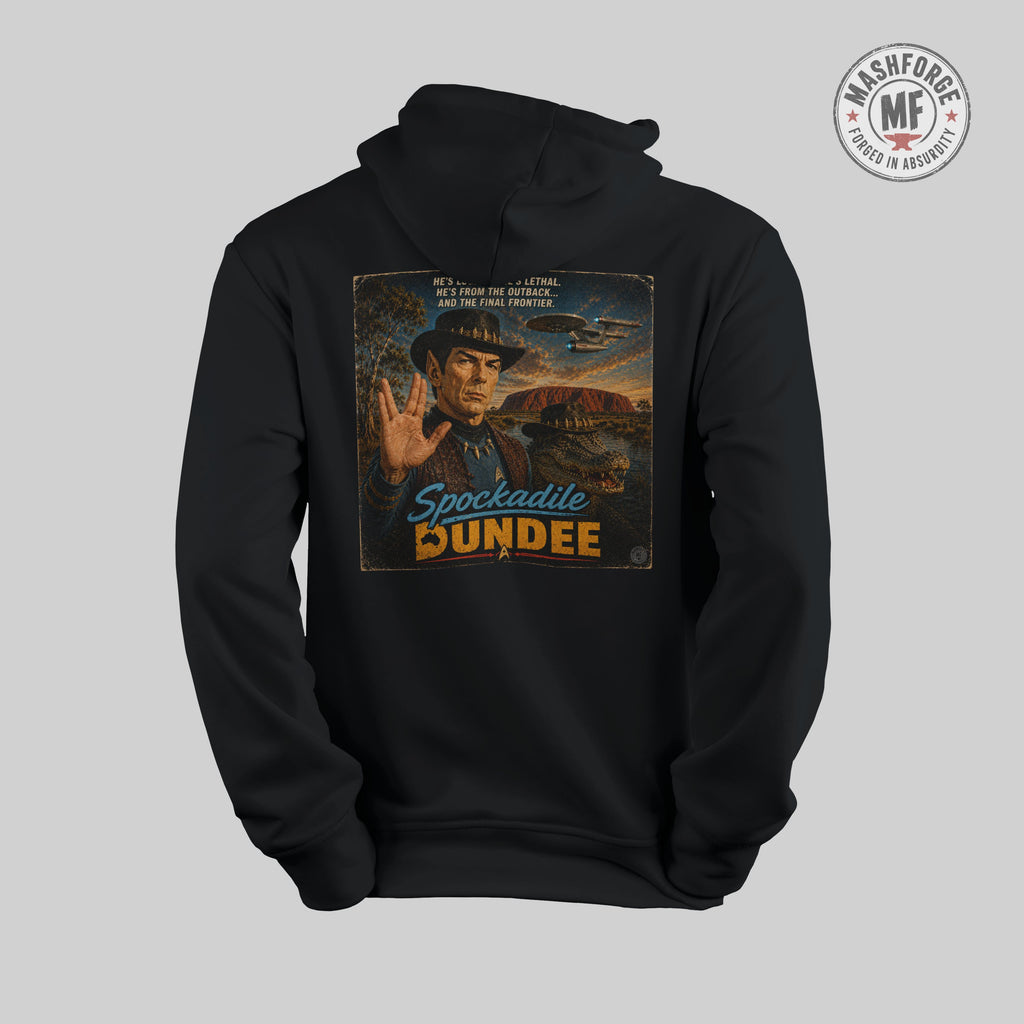 Black hoodie with a graphic design on the back featuring a person in a hat and text, on a light gray background.