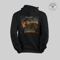 Black hoodie with a graphic design on the back featuring a person in a hat and text, on a light gray background.