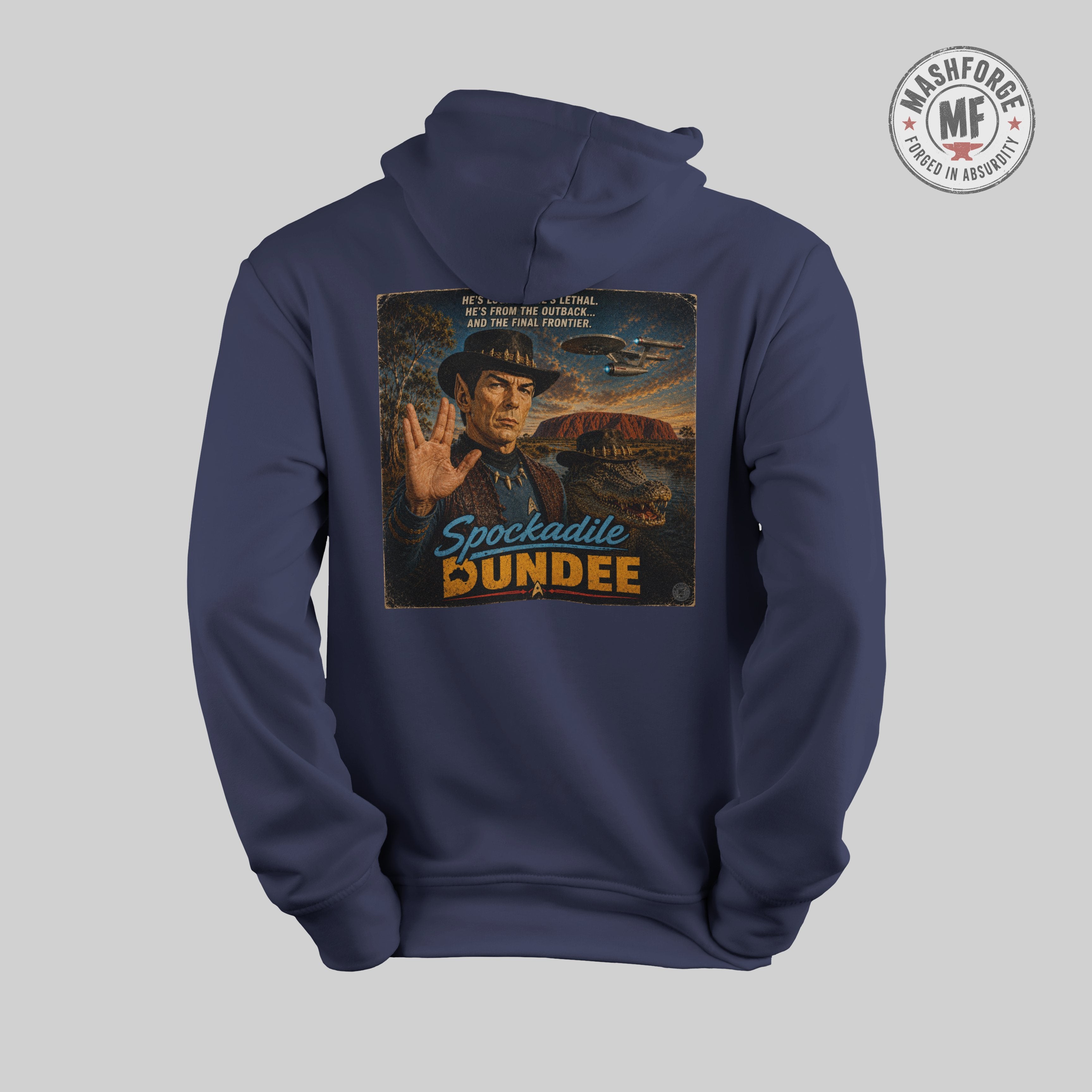 Navy blue hoodie with a graphic design on the back featuring am australian start trek character and text, on a light gray background.