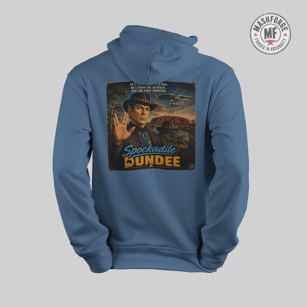 Blue hoodie with a Spockadile Dundee design on the back featuring an Australian desert scene and text, on a light gray background.