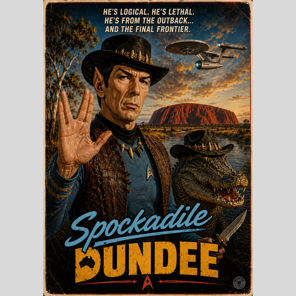 Vintage-style poster with a spock, wearing crocodile dundee clothes and spaceship against a desert landscape.