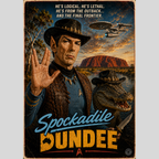 Vintage-style poster with a spock, wearing crocodile dundee clothes and spaceship against a desert landscape.
