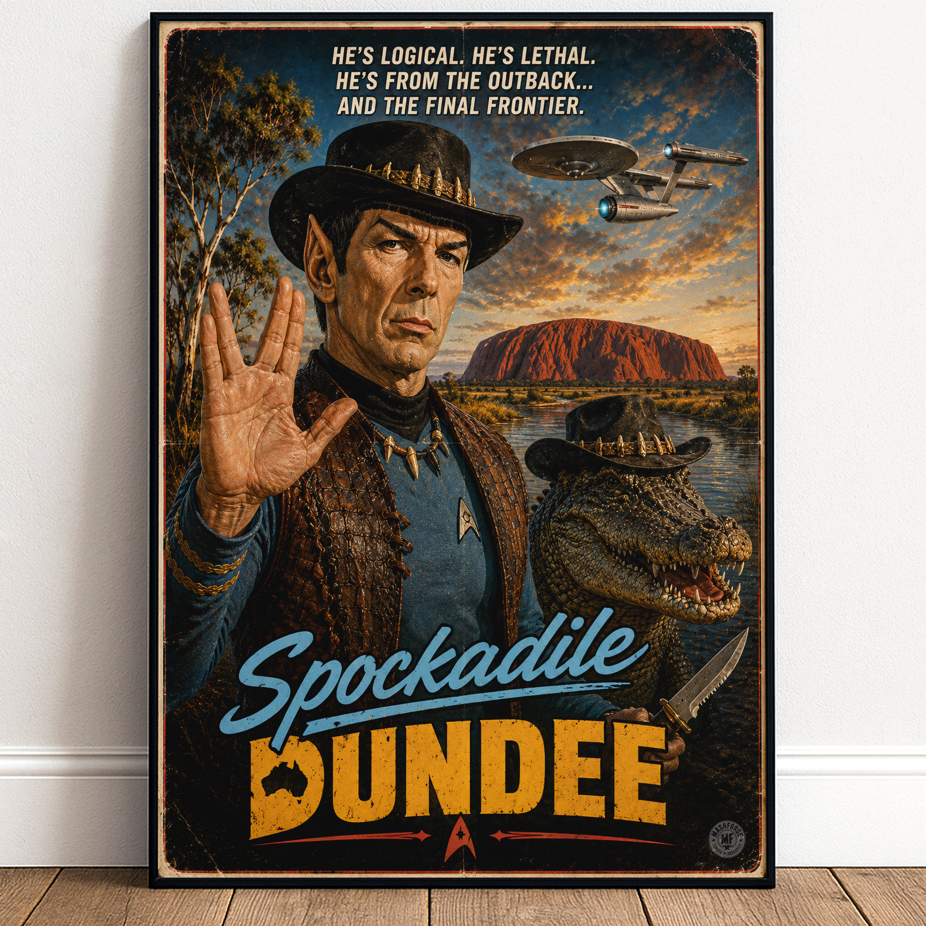 Poster featuring an australian spock character in a hat with a crocodile, set against a scenic background.