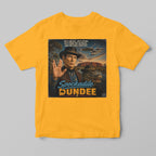 Yellow t-shirt with a star trek and crocodile dundee mashup graphic design featuring spock and text on a gray background