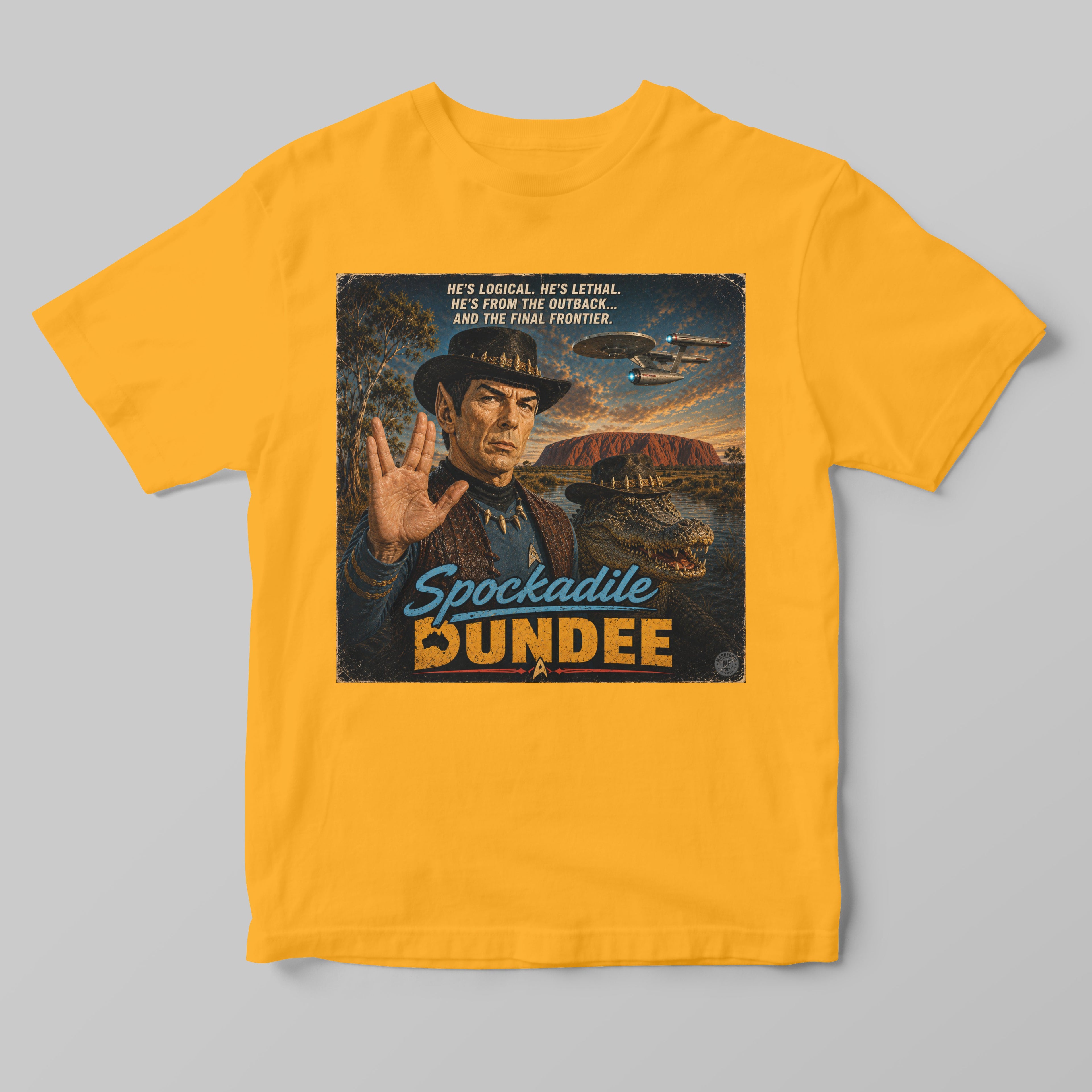 Yellow t-shirt with a star trek and crocodile dundee mashup graphic design featuring spock and text on a gray background