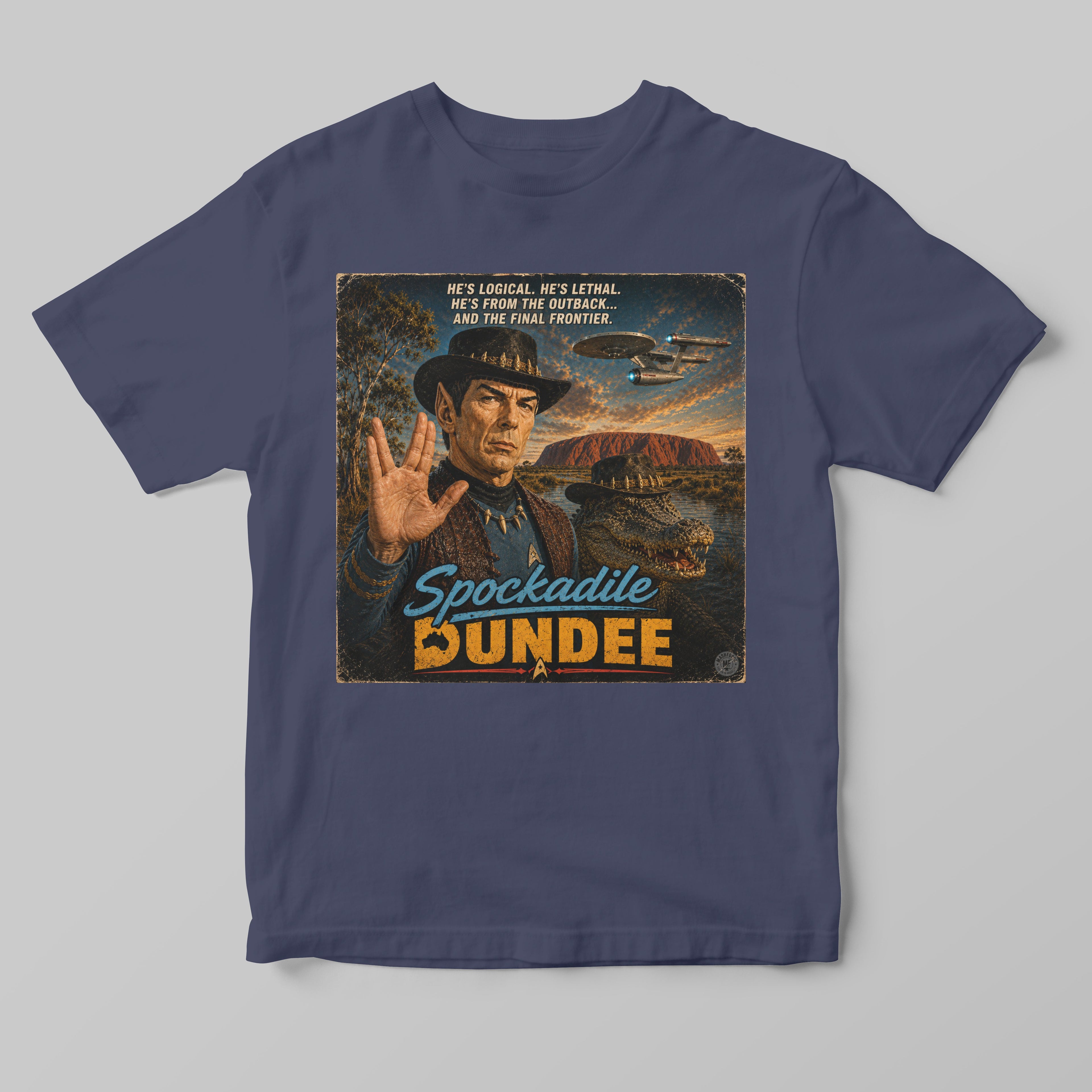 a blue spokadile dundee parody tshirt