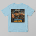 a light blue tshirt with mashforge spock character dress as crocodile dundee
