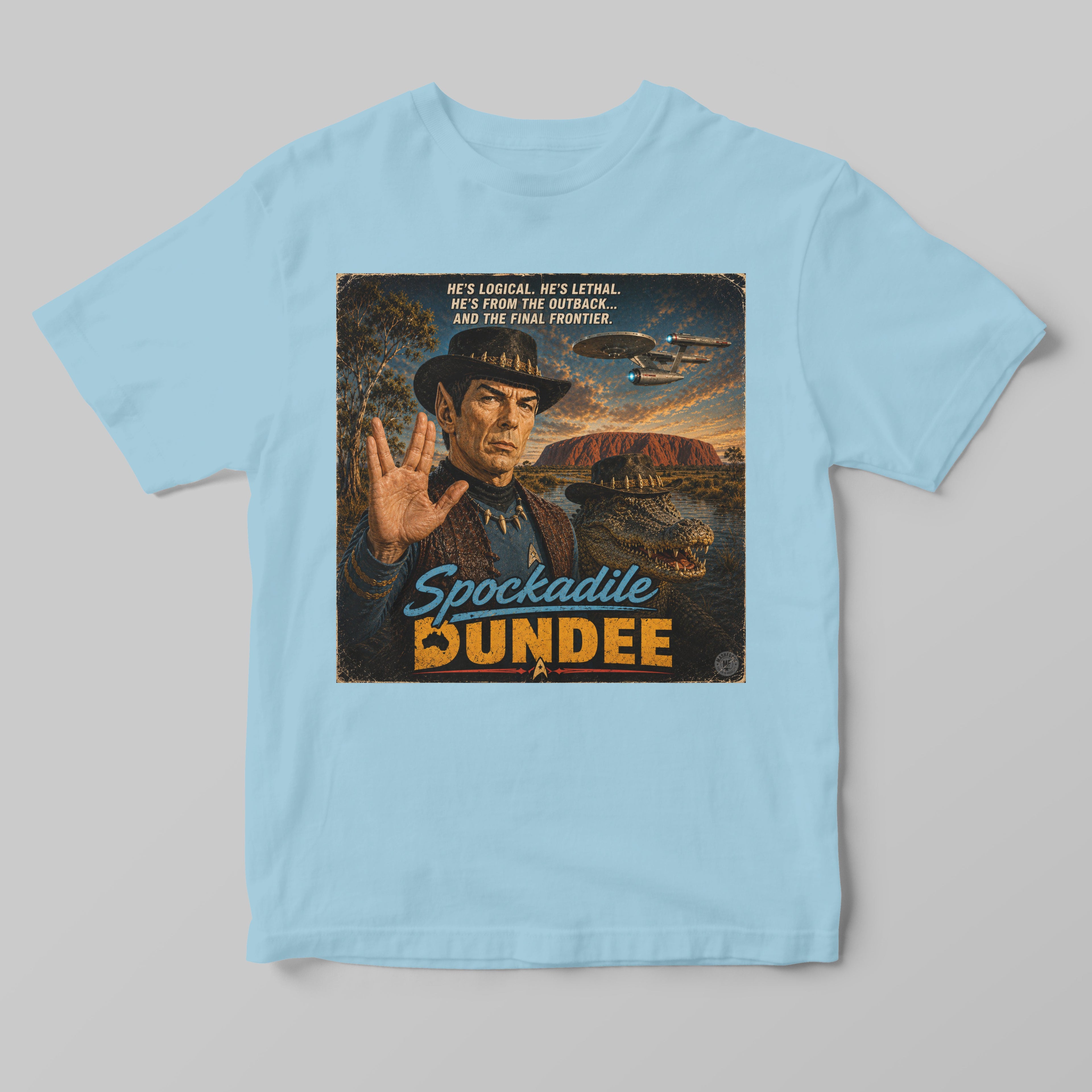 a light blue tshirt with mashforge spock character dress as crocodile dundee