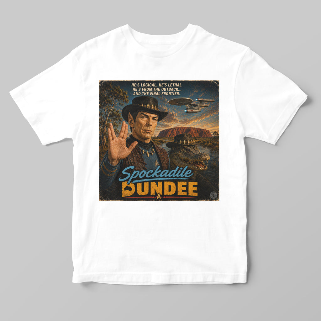a white tshirt with a funny graphic print and text saying spockadile dundee