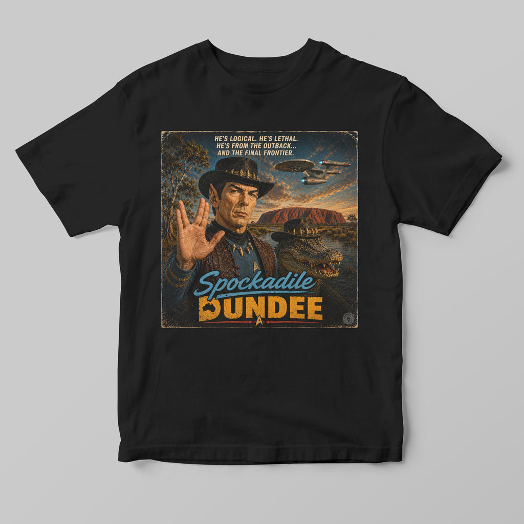 a black tshirt with a spockodile dundee funny graphic parody print