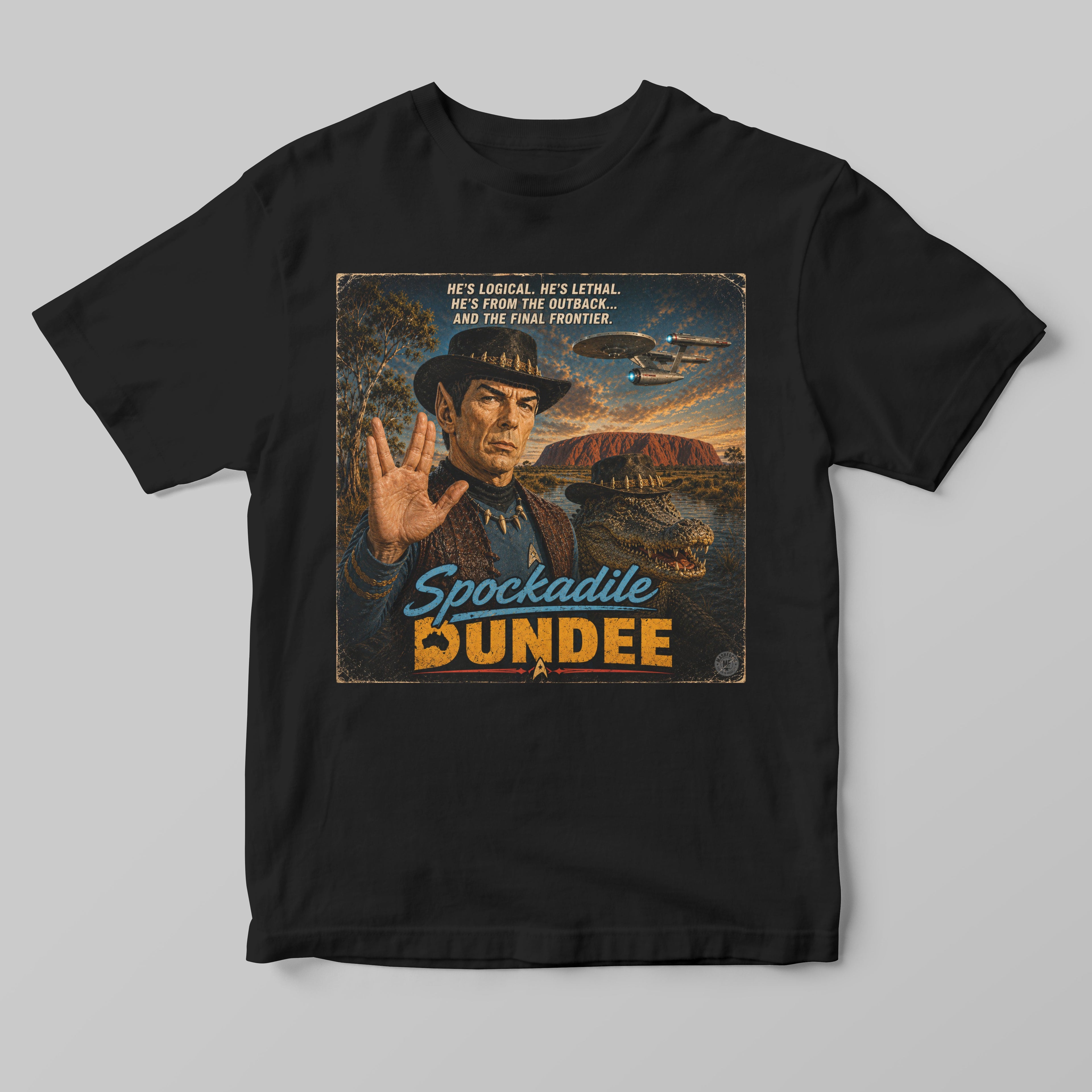 a black tshirt with a spockodile dundee funny graphic parody print