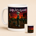 Parody mug with 'Squid Game' design featuring a sunset scene and squidward character