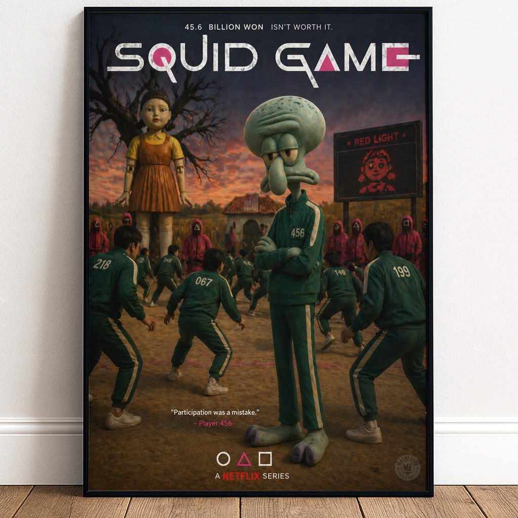 Squid Game poster with squidward character and logo on a wooden floor.
